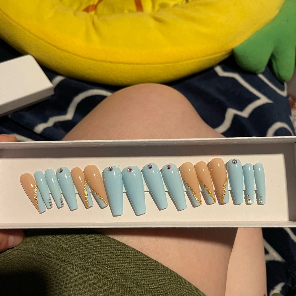 Blue and Tan Press-On Nails with Gold Accents